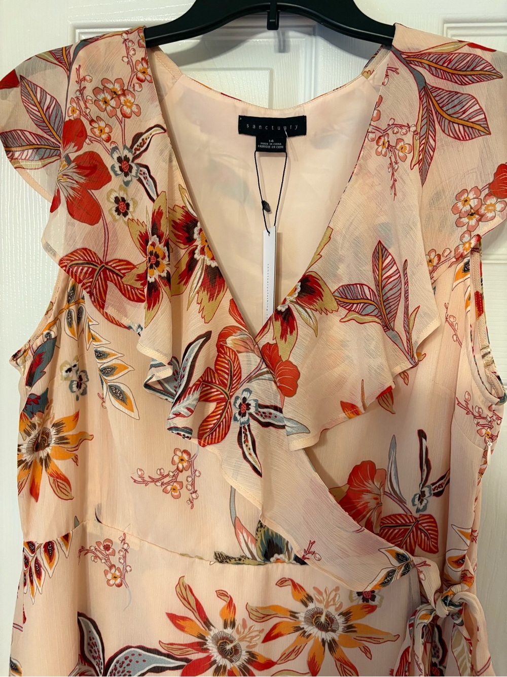 Sanctuary Floral Wrap Midi Dress NWT Beige Boho Ruffle Sleeve Tie Waist Summer - Picture 3 of 7